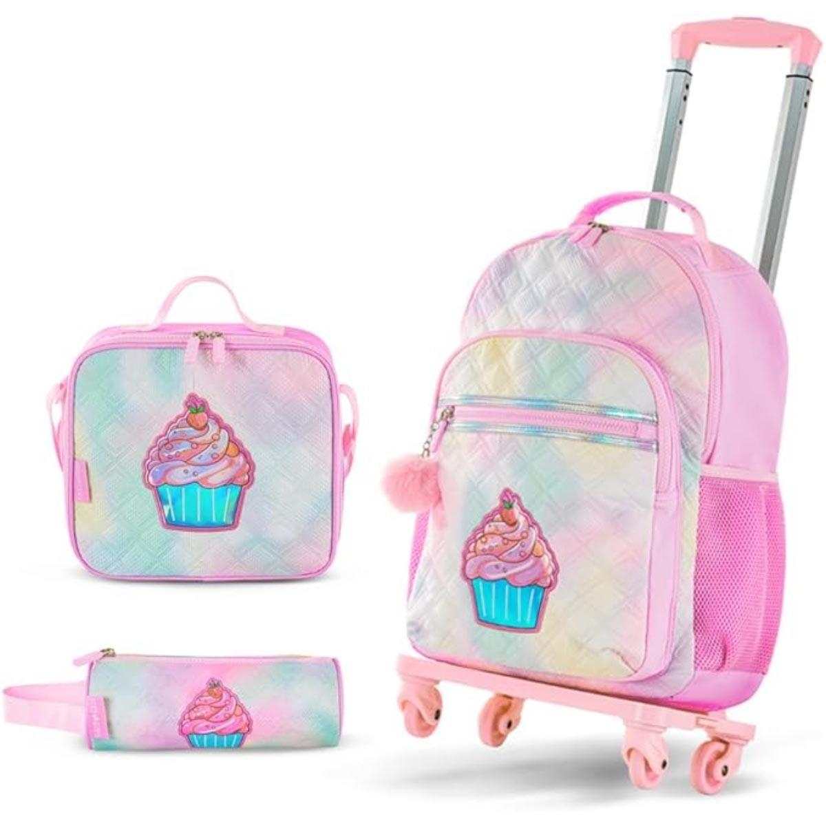 مجموعة حقيبة ظهر إيزي كيدز مقاس 17 بوصة باللون الوردي الفاتح مع عربة بأربع عجلات، وحقيبة غداء، ومقلمة