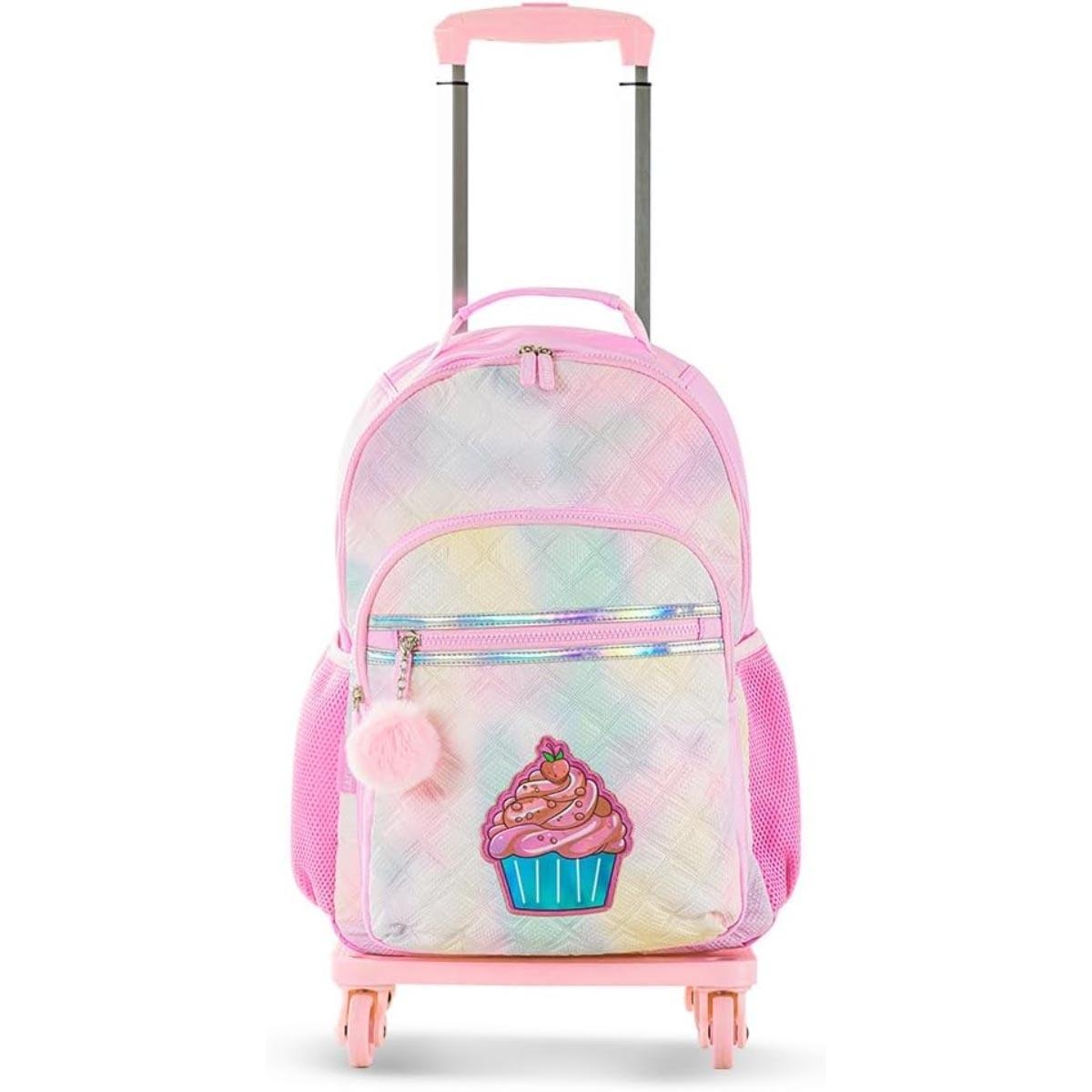 مجموعة حقيبة ظهر إيزي كيدز مقاس 17 بوصة باللون الوردي الفاتح مع عربة بأربع عجلات، وحقيبة غداء، ومقلمة