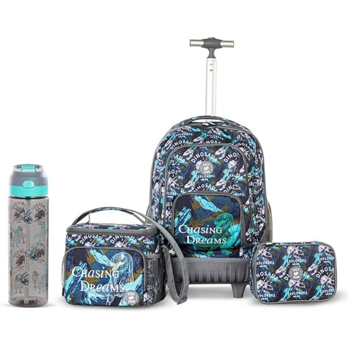 Eazy Kids 18" T-Rex Trolley Backpack with Water Bottle, Lunch Bag & Pencil Case Set