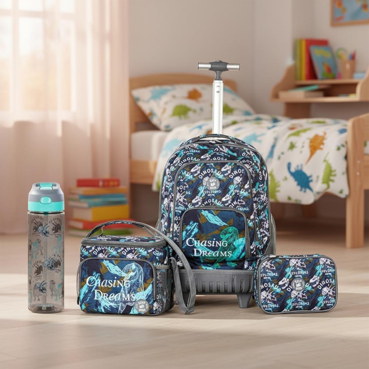 Eazy Kids 18" T-Rex Trolley Backpack with Water Bottle, Lunch Bag & Pencil Case Set