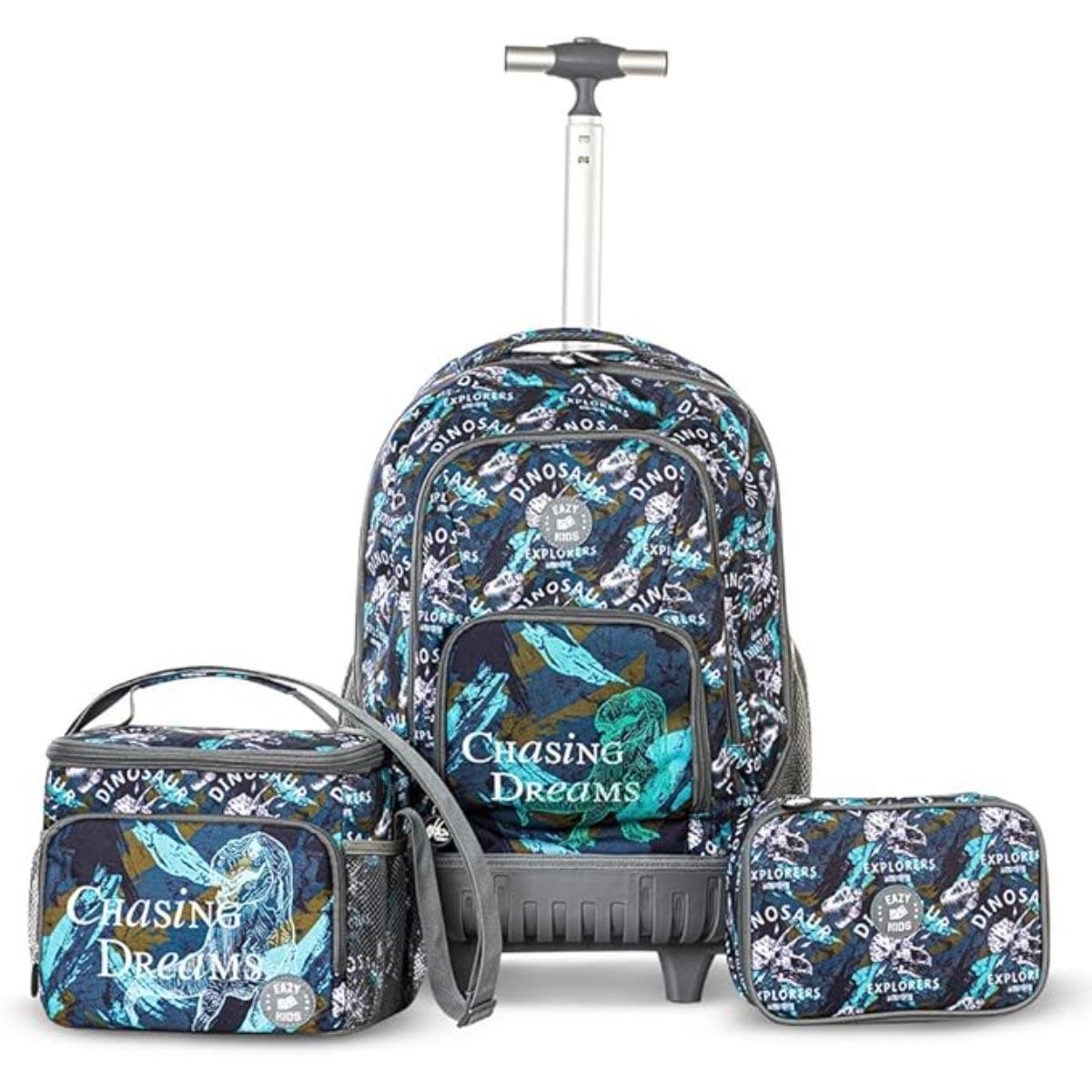 Eazy Kids 18" T-Rex Trolley Backpack with Water Bottle, Lunch Bag & Pencil Case Set