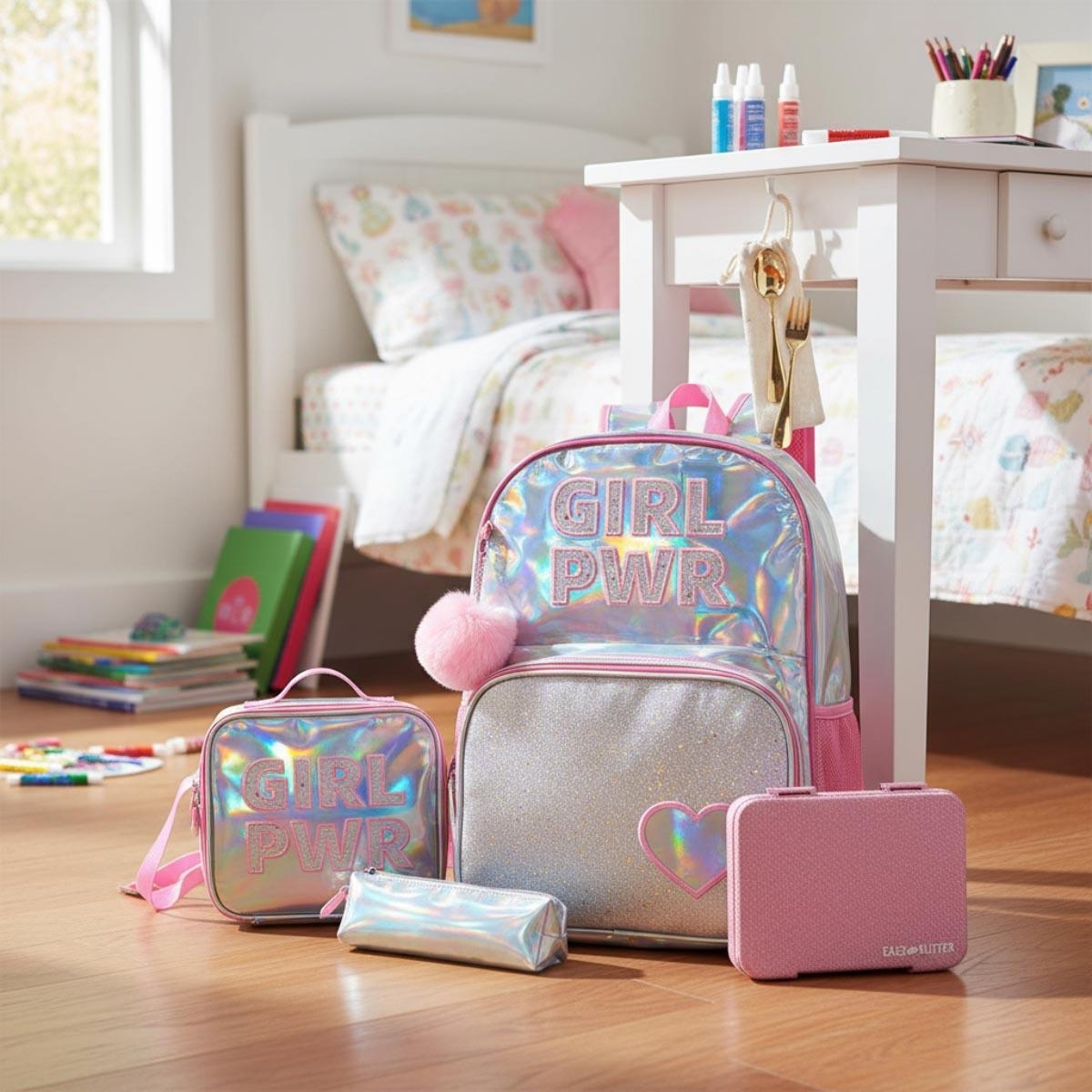 مجموعة حقائب مدرسية من إيزي كيدز مكونة من 4 قطع، لون وردي لامع، بتصميم "قوة الفتاة".