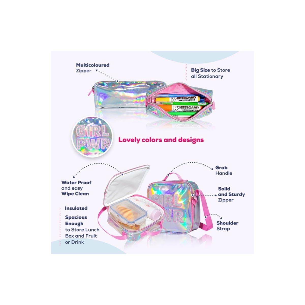 مجموعة حقائب مدرسية من إيزي كيدز مكونة من 4 قطع، لون وردي لامع، بتصميم "قوة الفتاة".