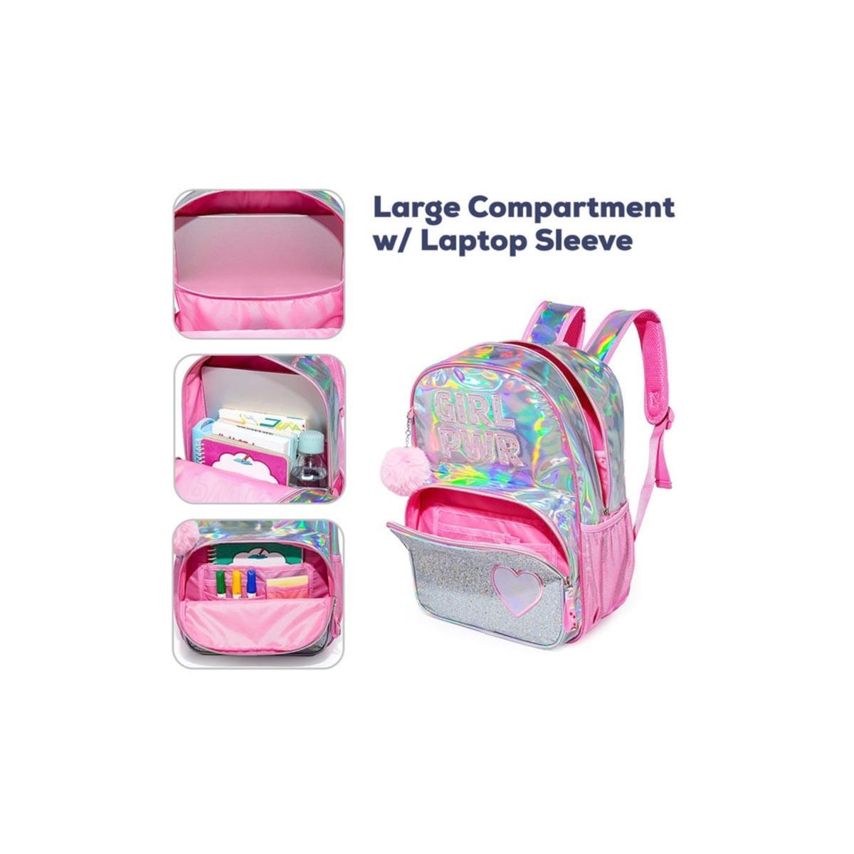 مجموعة حقائب مدرسية من إيزي كيدز مكونة من 4 قطع، لون وردي لامع، بتصميم "قوة الفتاة".