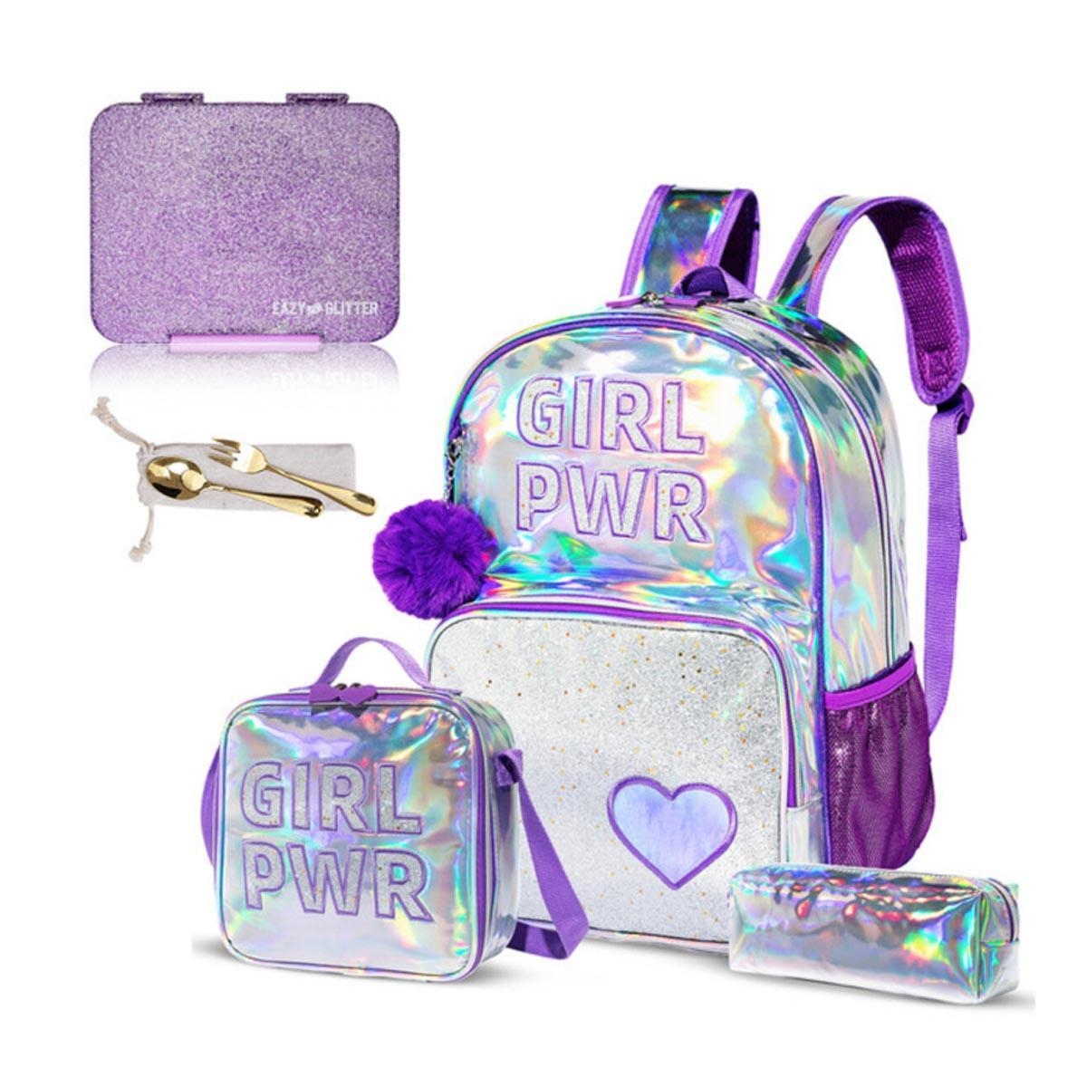 Eazy Kids 4-Piece Glitter Purple Girl Power School Bag Set