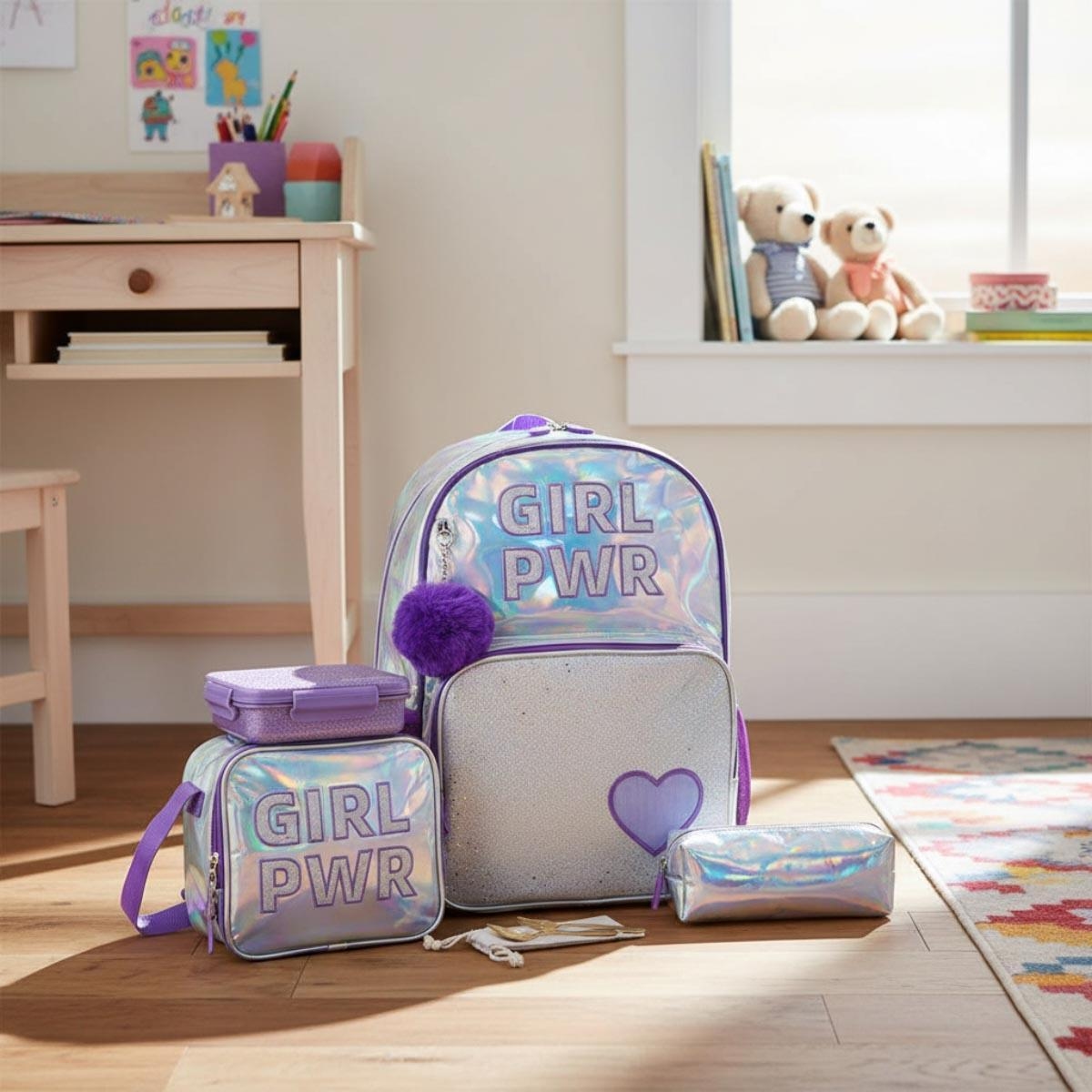 Eazy Kids 4-Piece Glitter Purple Girl Power School Bag Set