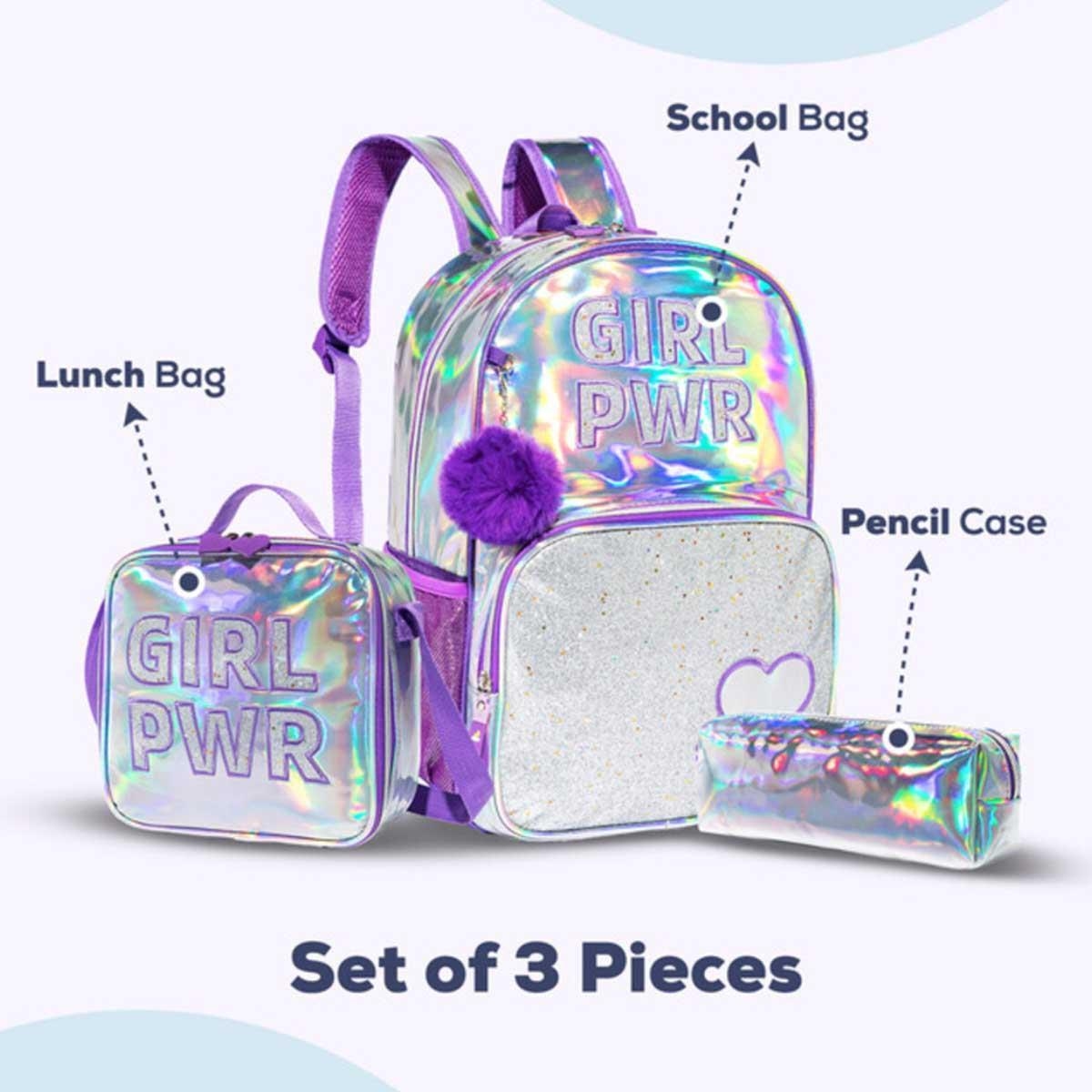 Eazy Kids 4-Piece Glitter Purple Girl Power School Bag Set