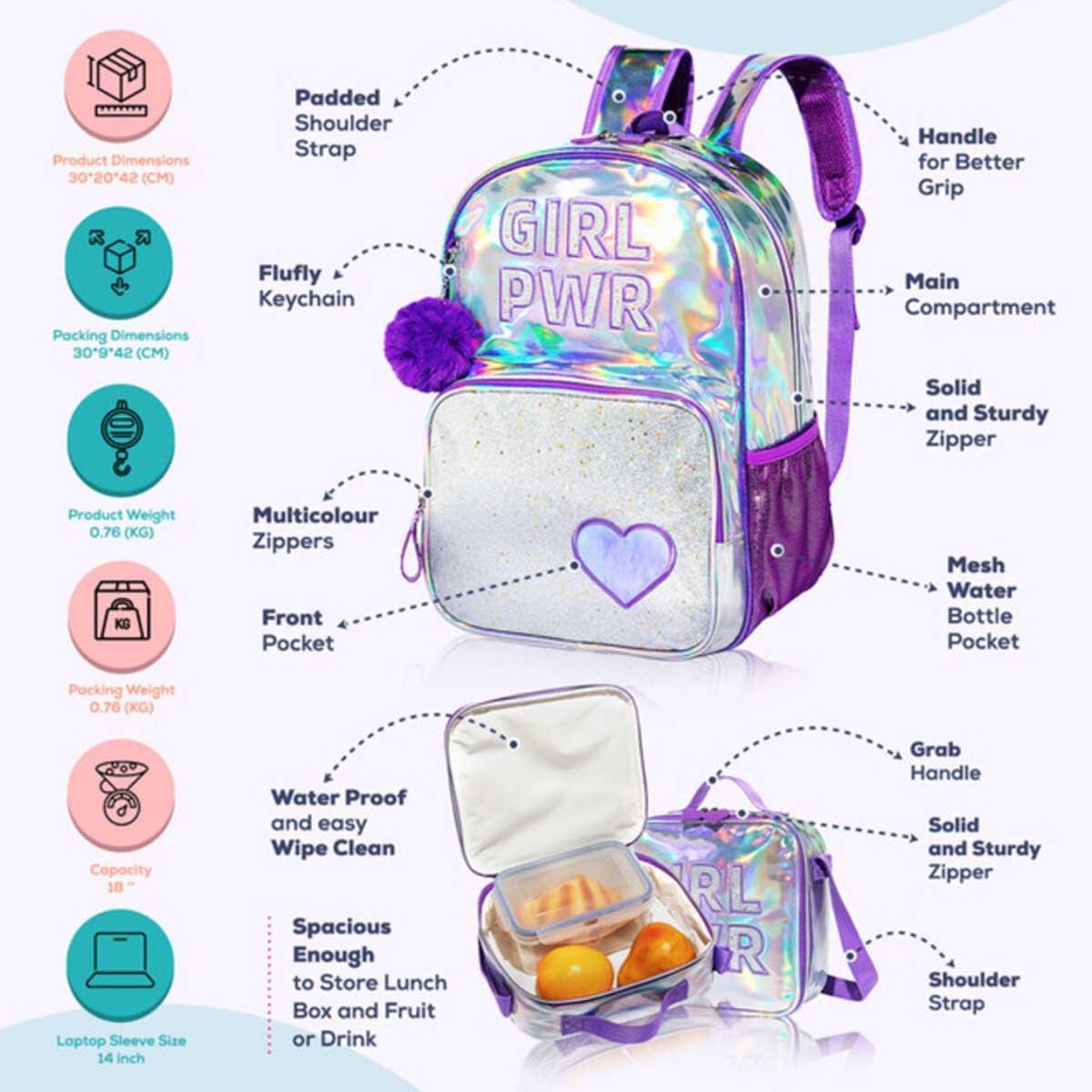 Eazy Kids 4-Piece Glitter Purple Girl Power School Bag Set