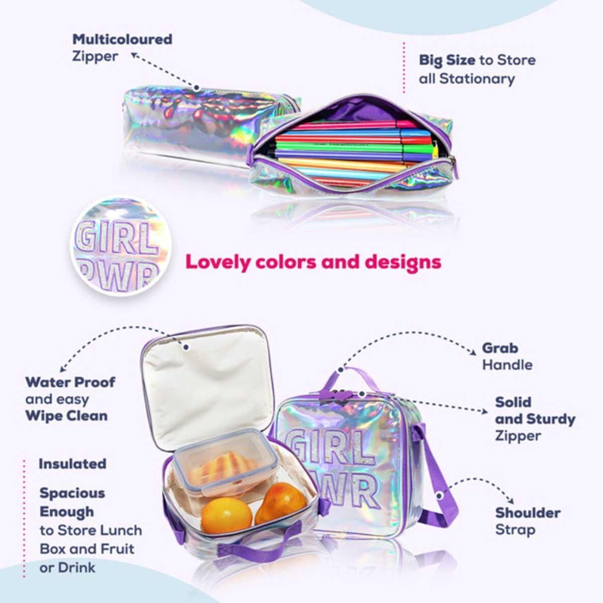 Eazy Kids 4-Piece Glitter Purple Girl Power School Bag Set