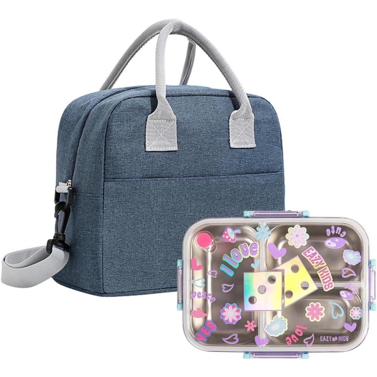 Eazy Kids 800ml Floral Purple 3-Compartment Bento Lunch Box with Lunch Bag