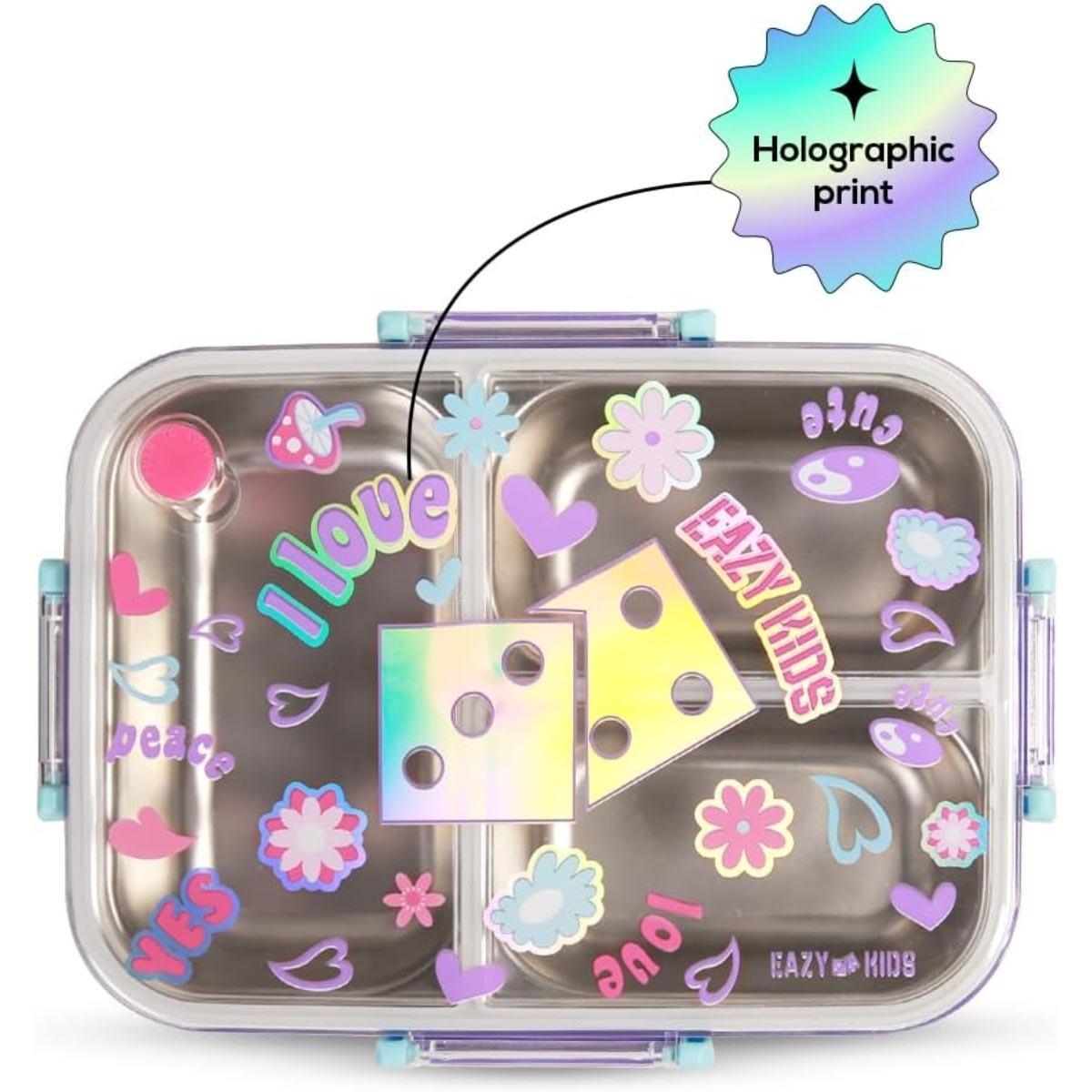 علبة غداء إيزي كيدز 800 مل، لون بنفسجي مزهر، بثلاثة أقسام، مع حقيبة غداء