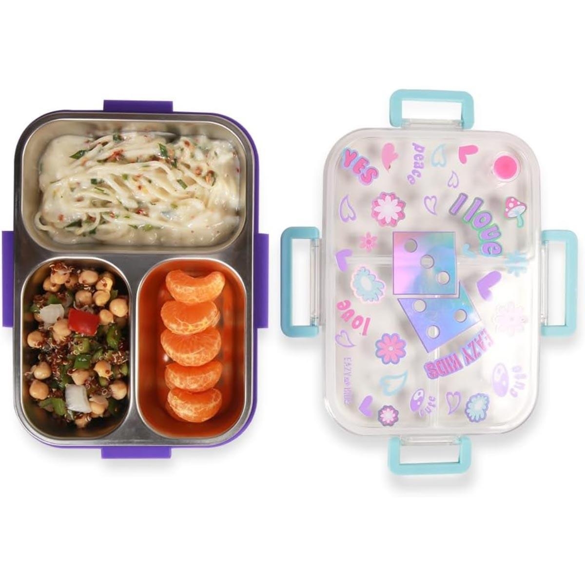 علبة غداء إيزي كيدز 800 مل، لون بنفسجي مزهر، بثلاثة أقسام، مع حقيبة غداء