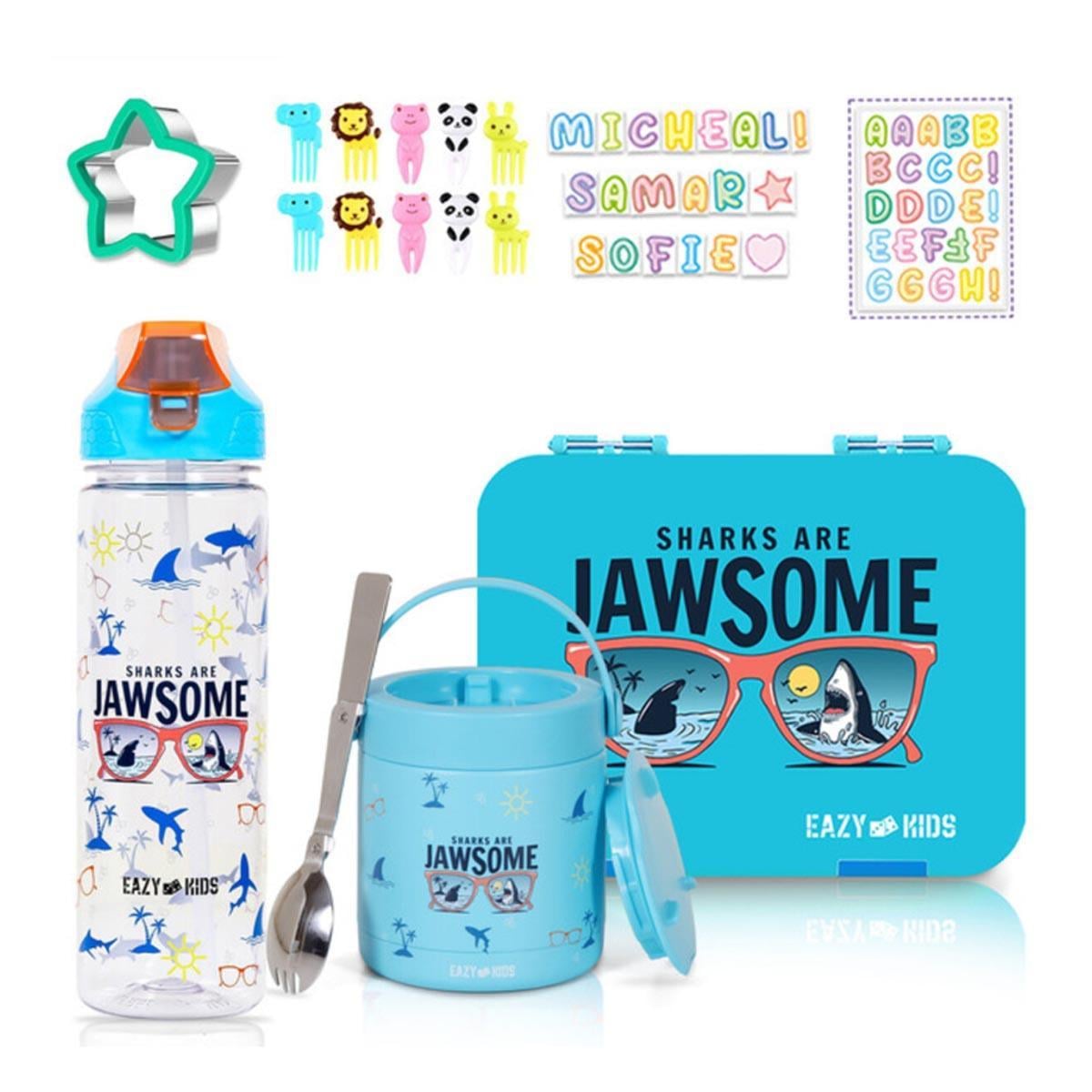 Eazy Kids Blue Jawsome 6/4 Compartment Bento Lunch Box with 2-in-1 Tritan Water Bottle & Steel Food Jar