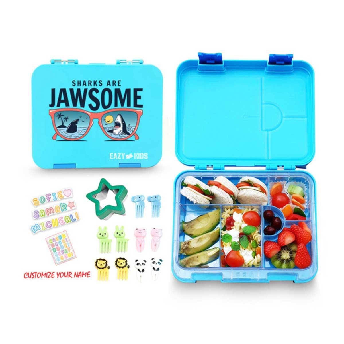 علبة غداء إيزي كيدز بلو جوسوم بستة أقسام وأربعة أجزاء مع زجاجة مياه تريتان 2 في 1 وعلبة طعام من الفولاذ