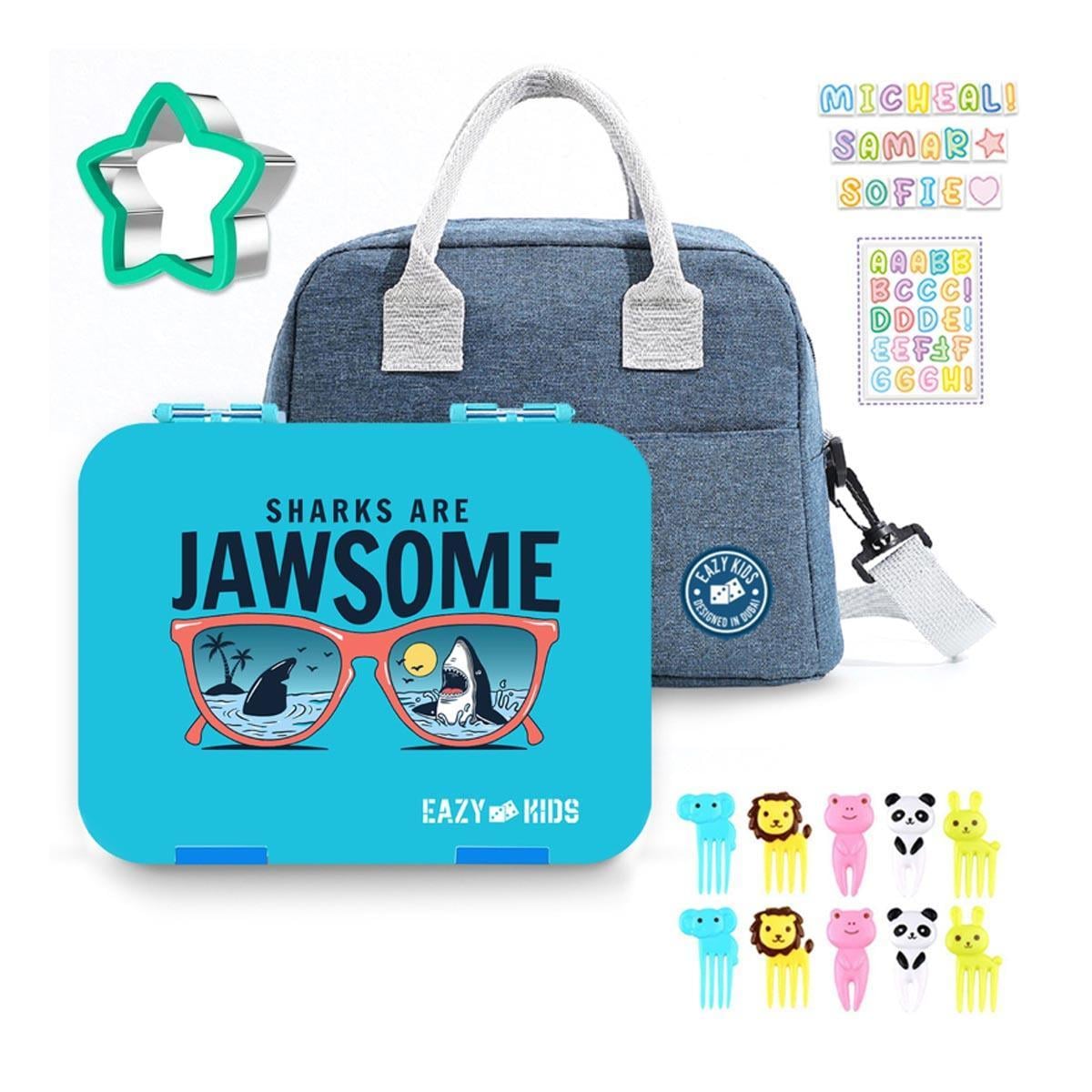 Eazy Kids Blue Jawsome 6/4 Compartment Bento Lunch Box with Lunch Bag