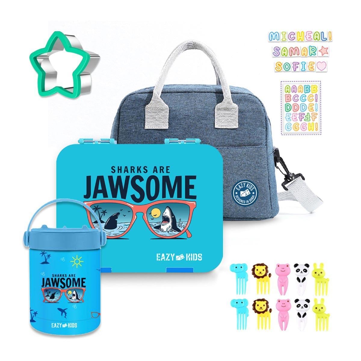 Eazy Kids Blue Jawsome 6/4 Compartment Bento Lunch Box with Lunch Bag & Steel Food Jar