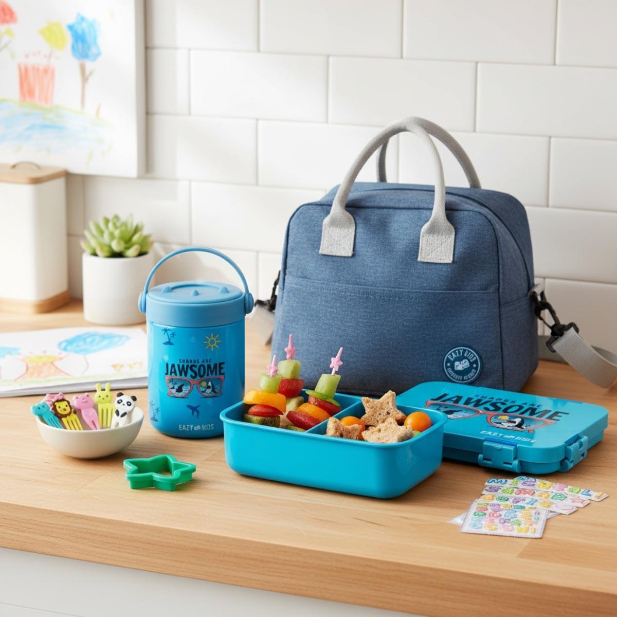 علبة غداء إيزي كيدز بلو جوسوم بستة أقسام وأربعة أجزاء مع حقيبة غداء وعلبة طعام من الفولاذ