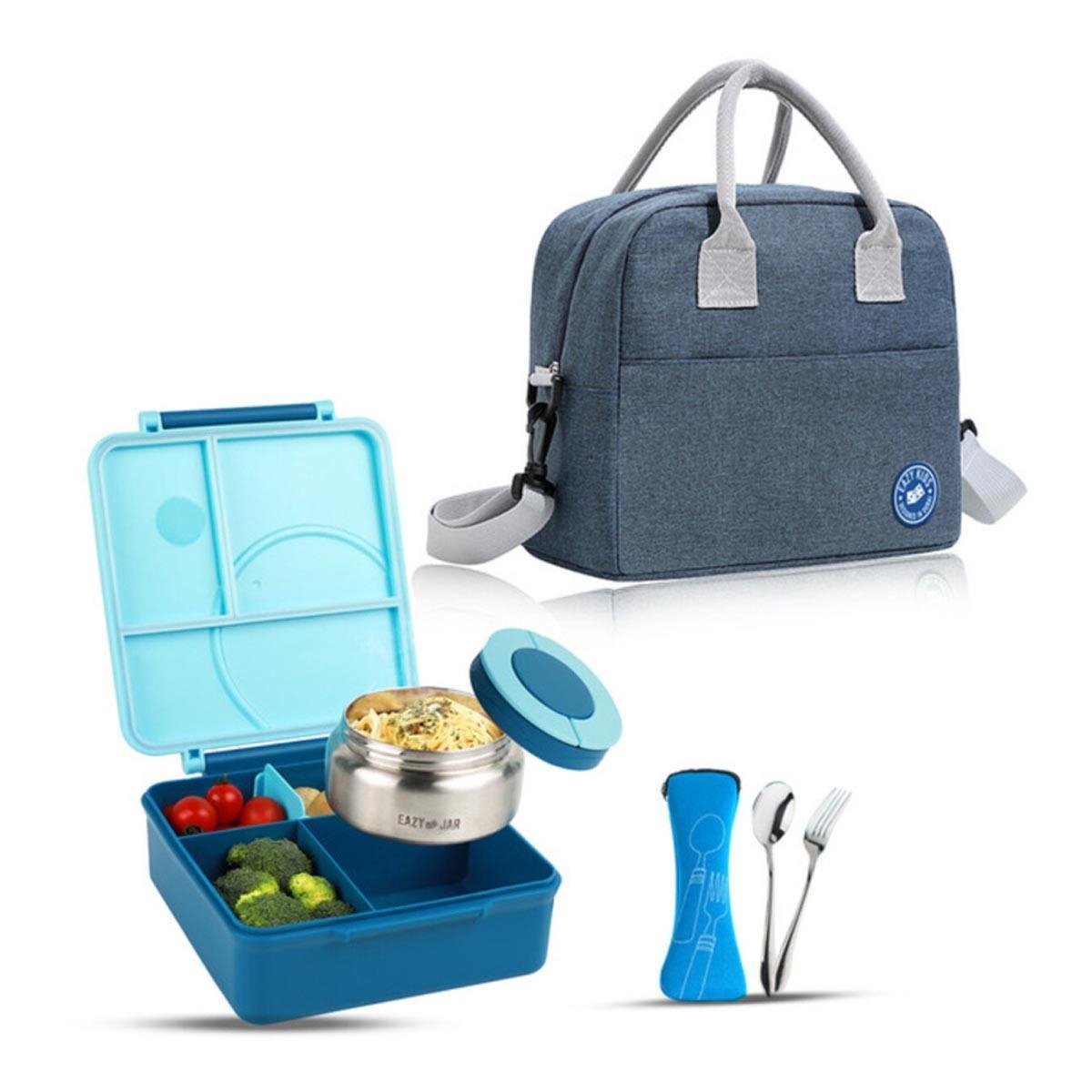 علبة غداء إيزي كيدز الزرقاء الكبيرة الحجم (بينتو) مع حقيبة غداء زرقاء، وعلبة طعام، وأدوات مائدة