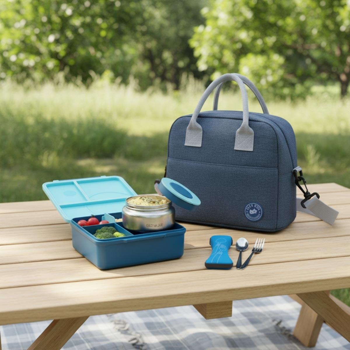 علبة غداء إيزي كيدز الزرقاء الكبيرة الحجم (بينتو) مع حقيبة غداء زرقاء، وعلبة طعام، وأدوات مائدة