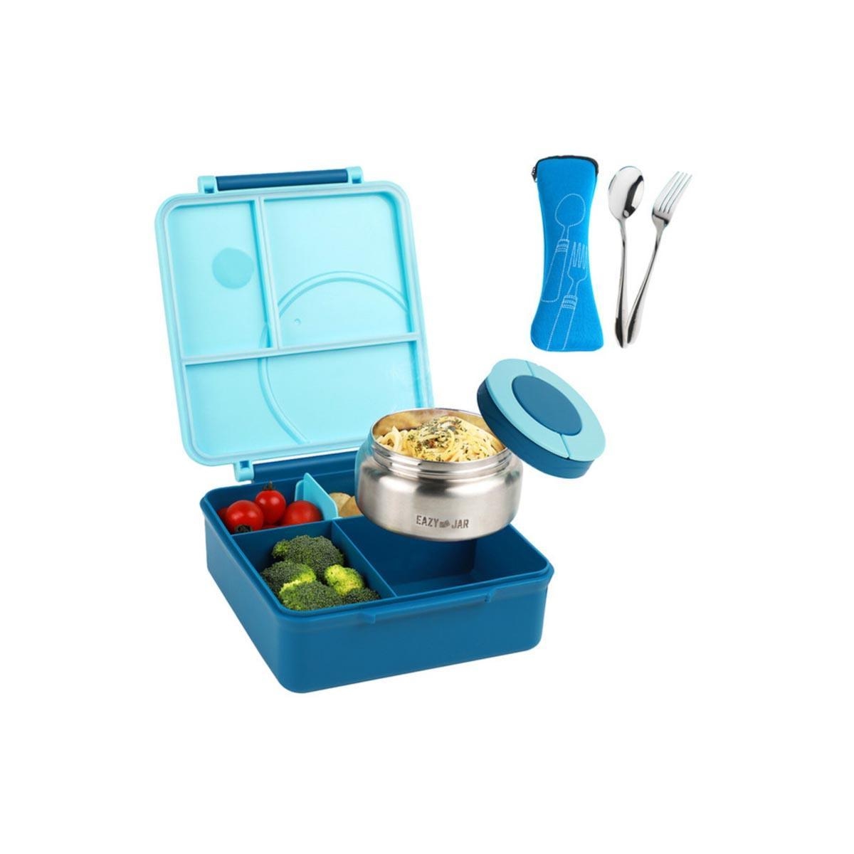 علبة غداء إيزي كيدز الزرقاء الكبيرة الحجم (بينتو) مع حقيبة غداء زرقاء، وعلبة طعام، وأدوات مائدة