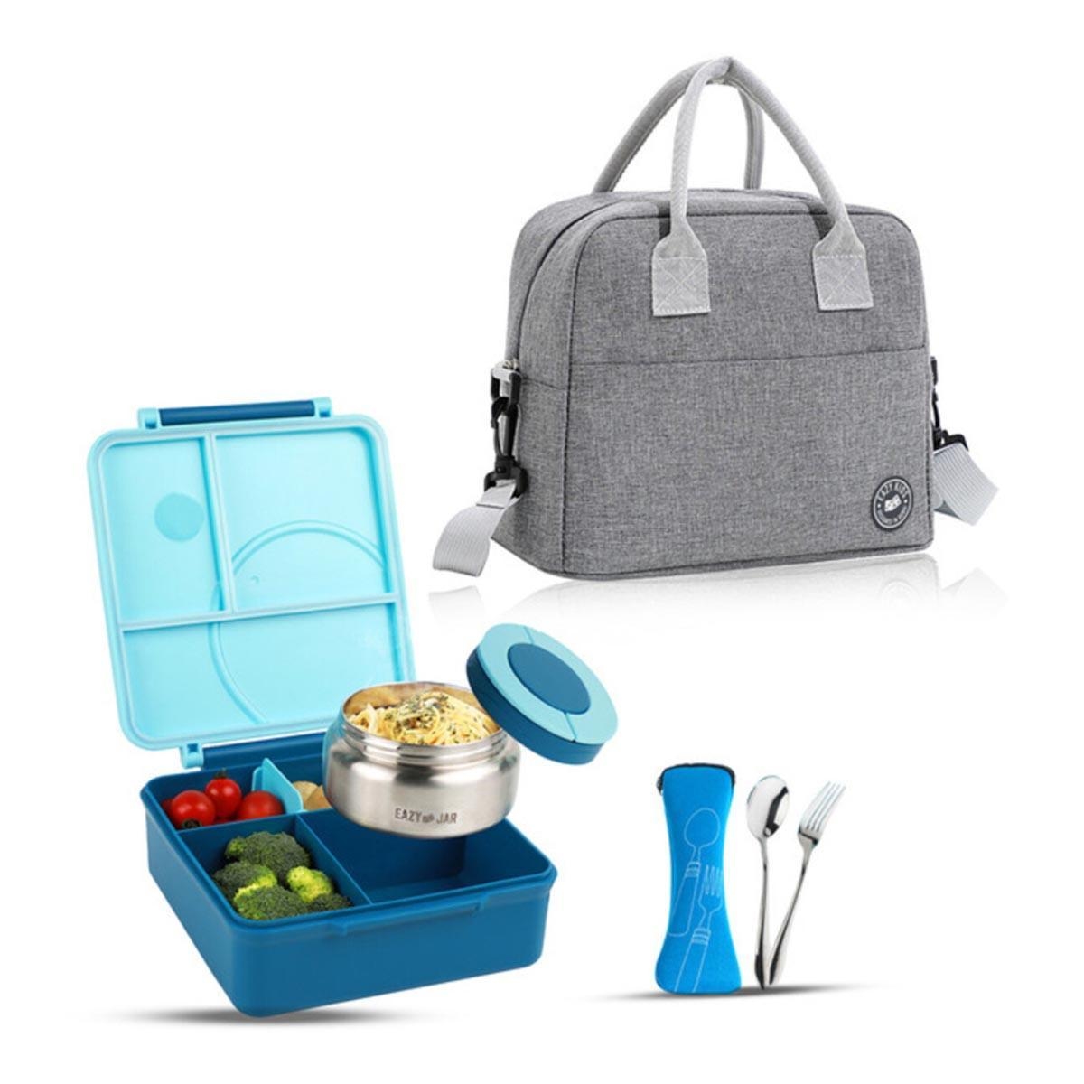 علبة غداء إيزي كيدز الزرقاء الكبيرة الحجم (بينتو) مع حقيبة غداء رمادية، وعلبة طعام، وأدوات مائدة