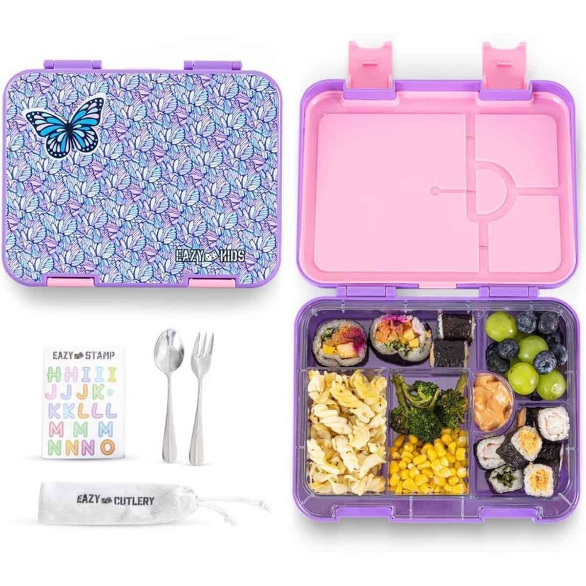 علبة غداء بينتو قابلة للتحويل من إيزي كيدز، بتصميم فراشة بنفسجي، مقاس 6 و4، مع ملصق حروف الأبجدية ومجموعة ملعقة وشوكة من الفولاذ.