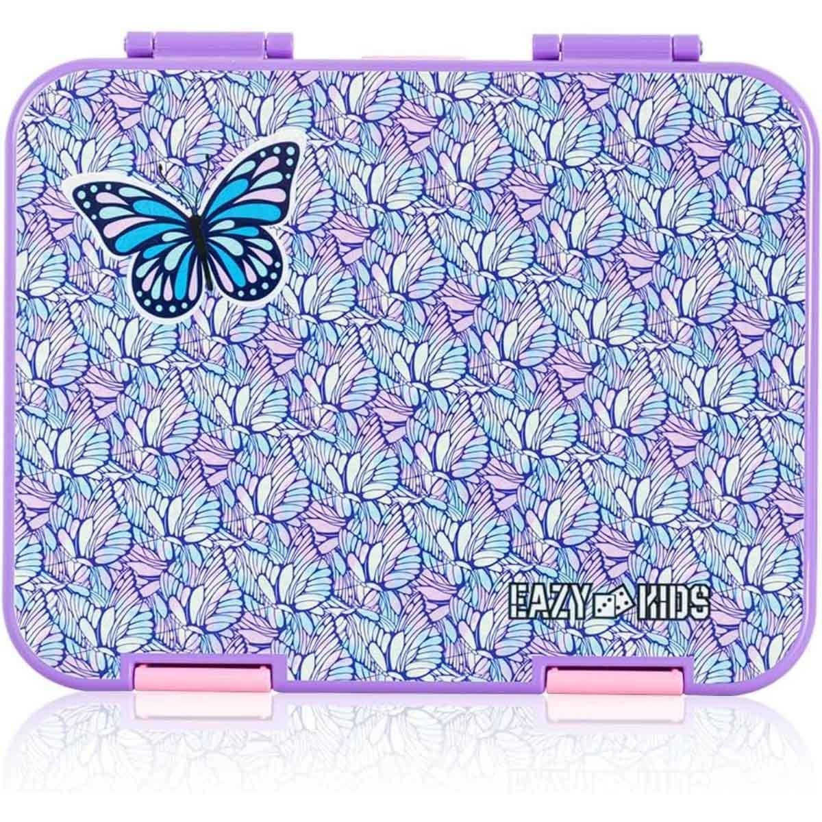 علبة غداء بينتو قابلة للتحويل من إيزي كيدز، بتصميم فراشة بنفسجي، مقاس 6 و4، مع ملصق حروف الأبجدية ومجموعة ملعقة وشوكة من الفولاذ.
