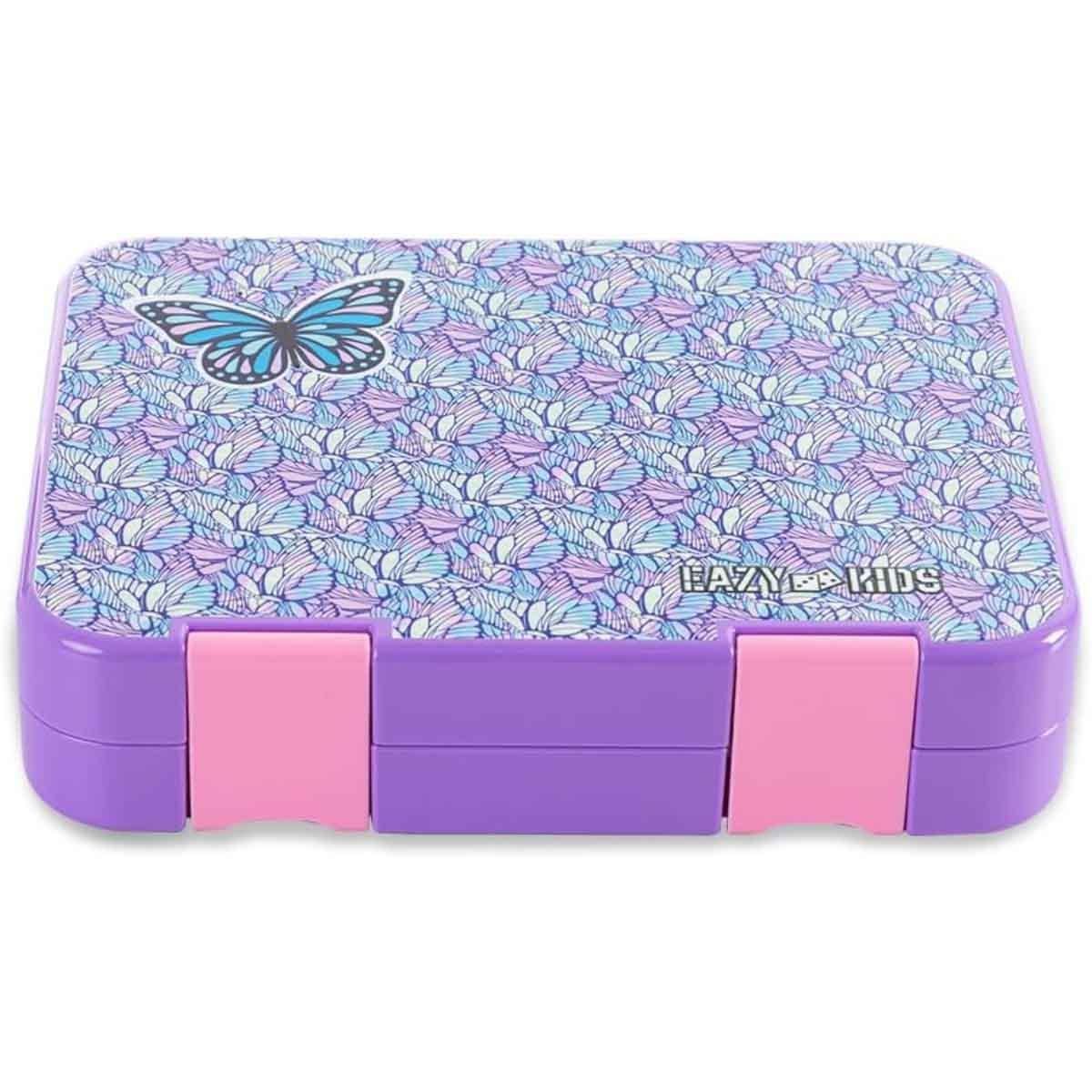 علبة غداء بينتو قابلة للتحويل من إيزي كيدز، بتصميم فراشة بنفسجي، مقاس 6 و4، مع ملصق حروف الأبجدية ومجموعة ملعقة وشوكة من الفولاذ.