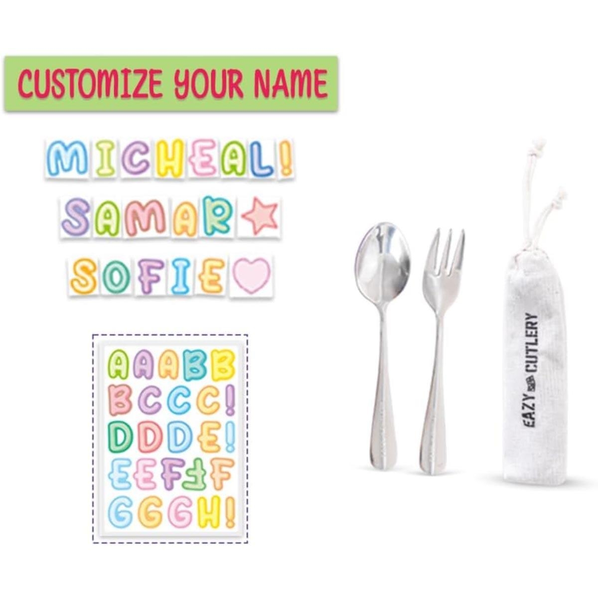 علبة غداء بينتو قابلة للتحويل من إيزي كيدز، بتصميم فراشة بنفسجي، مقاس 6 و4، مع ملصق حروف الأبجدية ومجموعة ملعقة وشوكة من الفولاذ.