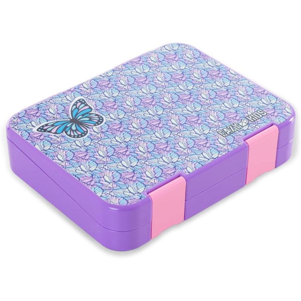 علبة غداء بينتو قابلة للتحويل من إيزي كيدز، بتصميم فراشة بنفسجي، مقاس 6 و4، مع ملصق حروف الأبجدية ومجموعة ملعقة وشوكة من الفولاذ.