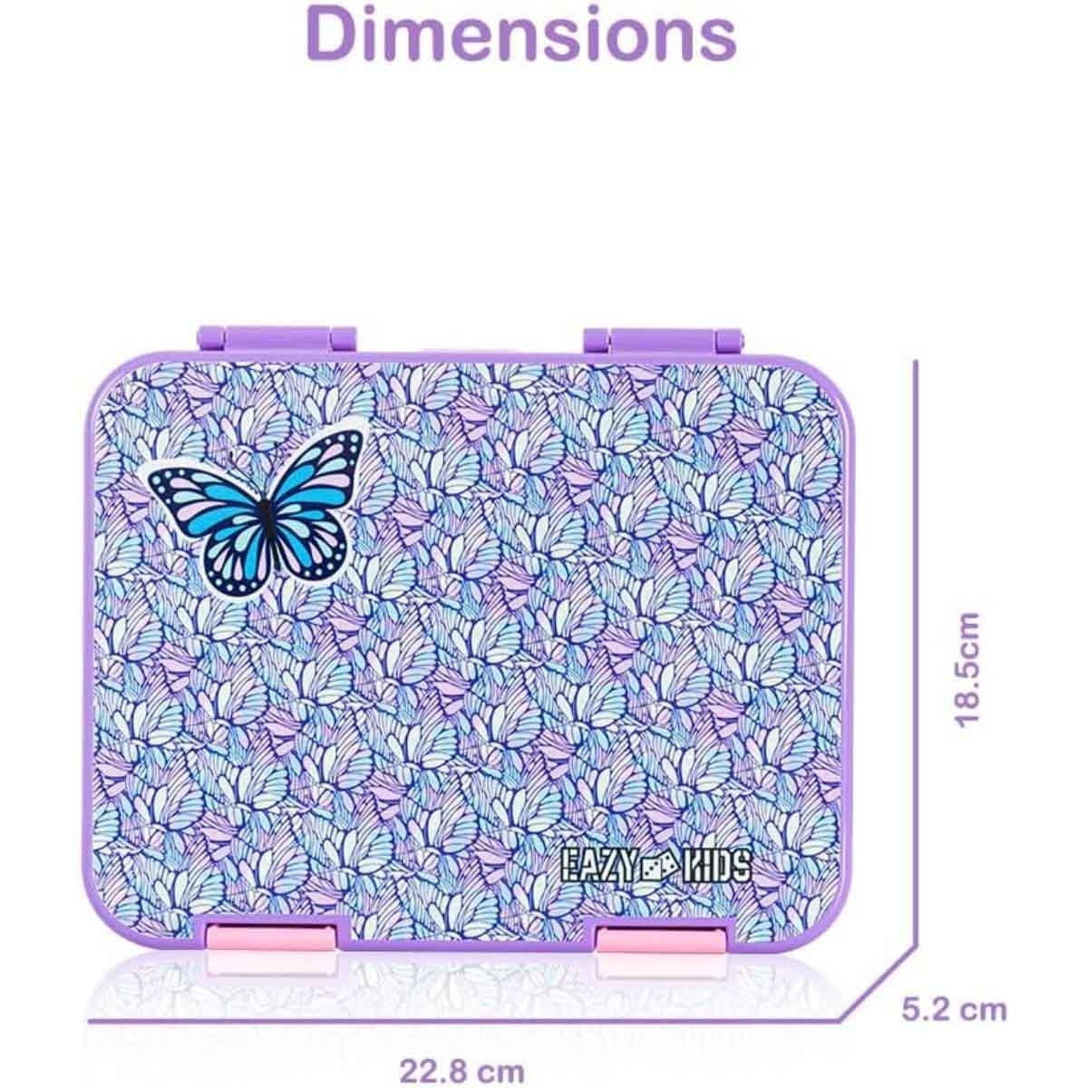 علبة غداء بينتو قابلة للتحويل من إيزي كيدز، بتصميم فراشة بنفسجي، مقاس 6 و4، مع ملصق حروف الأبجدية ومجموعة ملعقة وشوكة من الفولاذ.