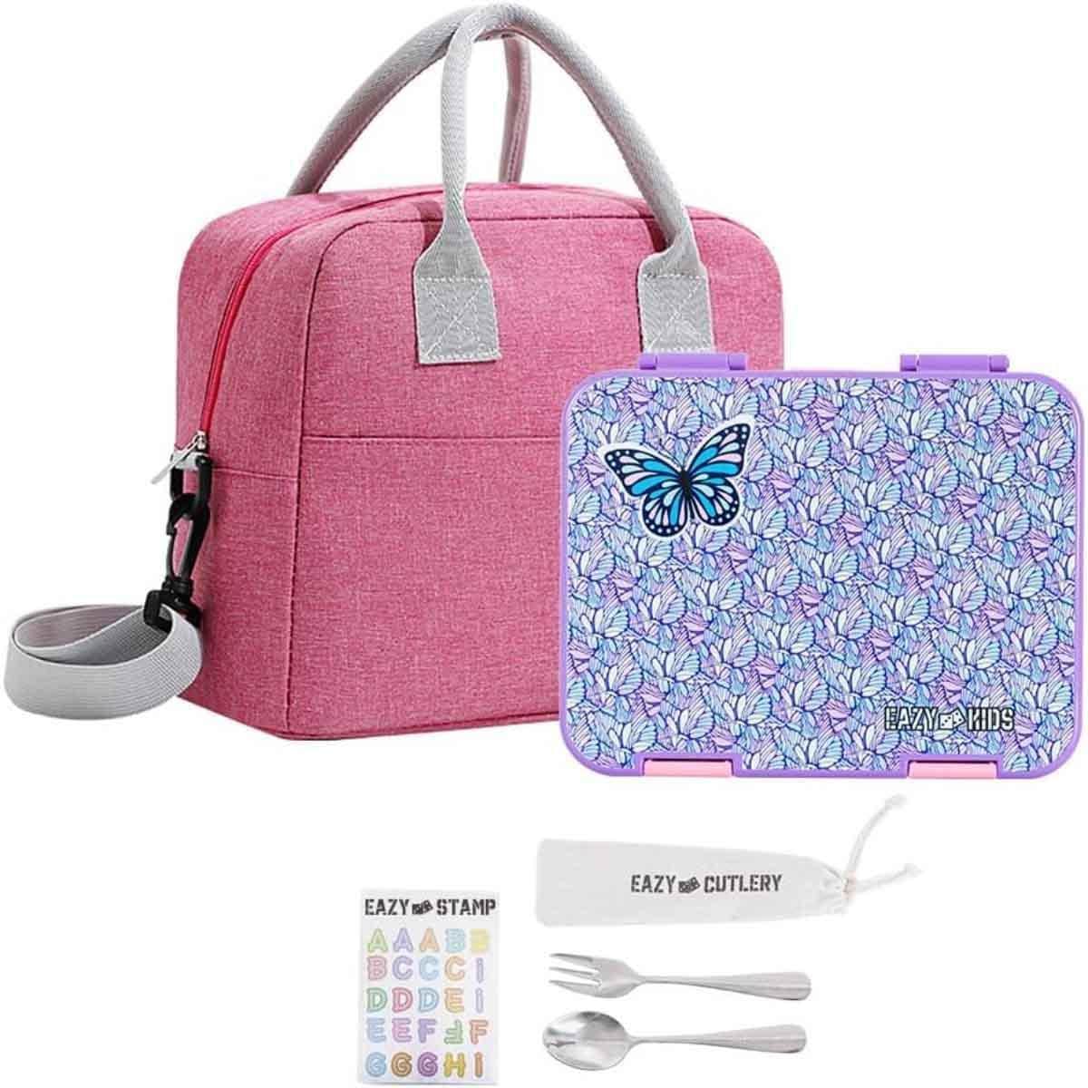 Eazy Kids Butterfly Purple 6 & 4 Convertible Bento Lunch Box with Lunch Bag, Steel Spoon & Fork Set & Alphabets Sticker