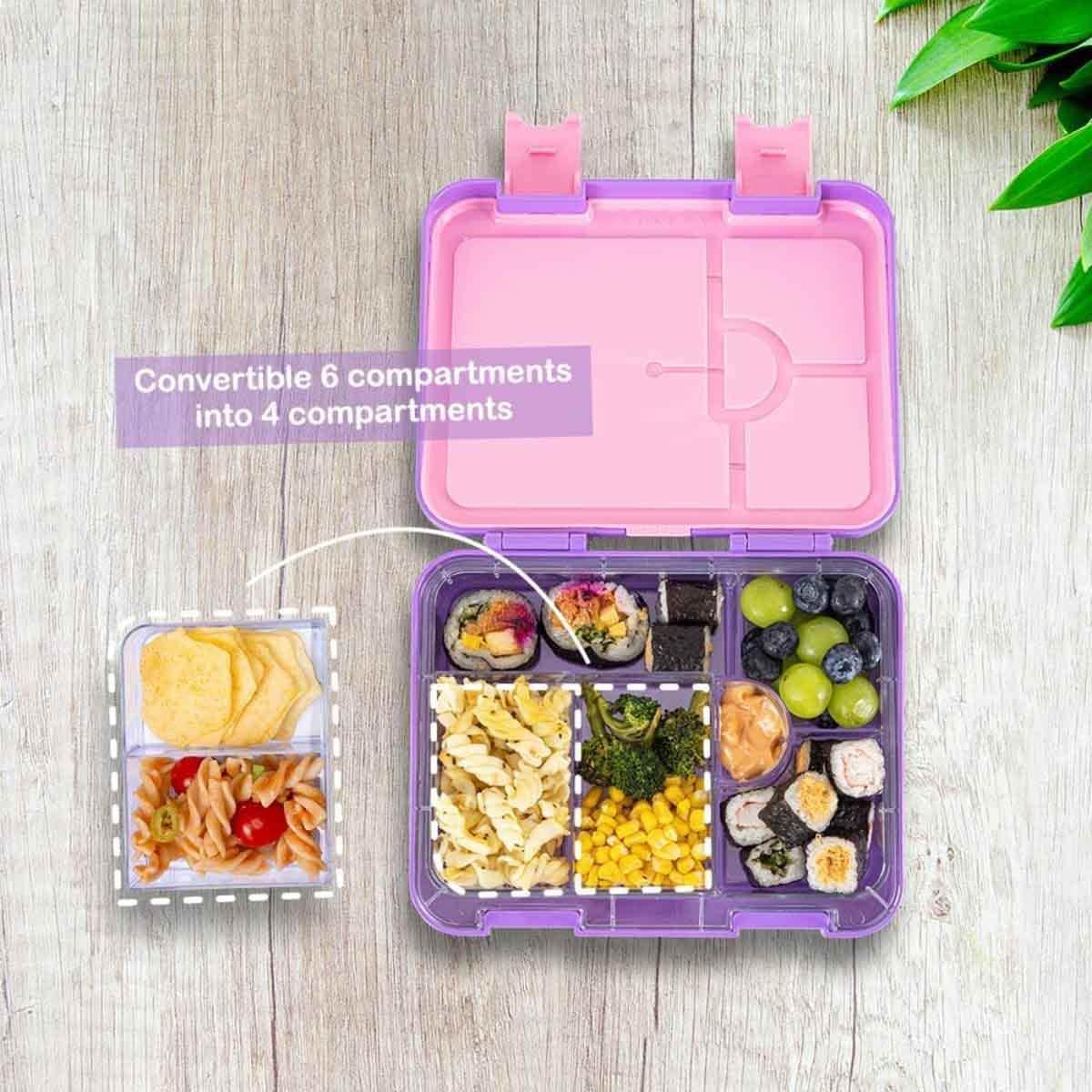 Eazy Kids Butterfly Purple 6 & 4 Convertible Bento Lunch Box with Lunch Bag, Steel Spoon & Fork Set & Alphabets Sticker