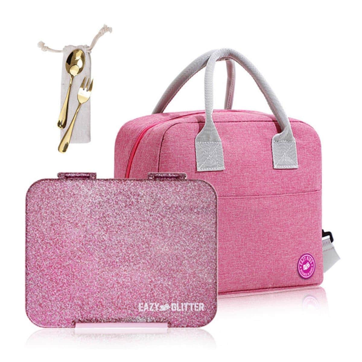 Eazy Kids Glitter Pink Tritan Bento Lunch Box with Lunch Bag