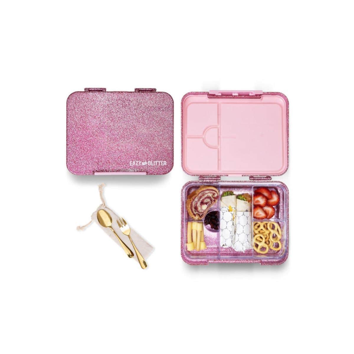 Eazy Kids Glitter Pink Tritan Bento Lunch Box with Lunch Bag