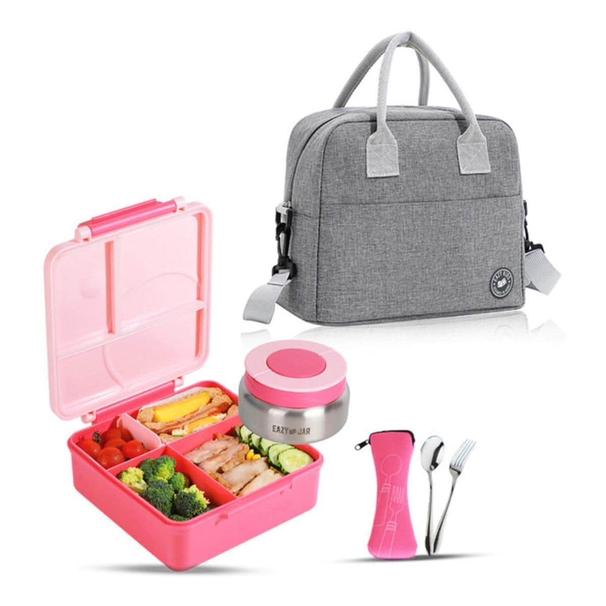Eazy Kids Pink Jumbo Bento Lunch Box with Grey Lunch Bag, Food Jar & Cutlery