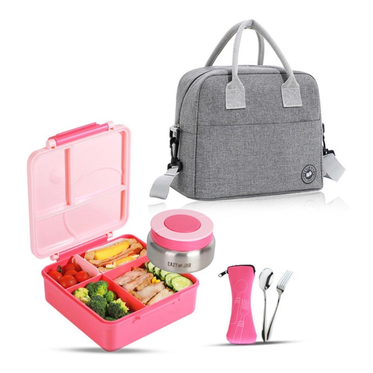 علبة غداء إيزي كيدز الوردية الكبيرة الحجم مع حقيبة غداء رمادية، وعلبة طعام، وأدوات مائدة
