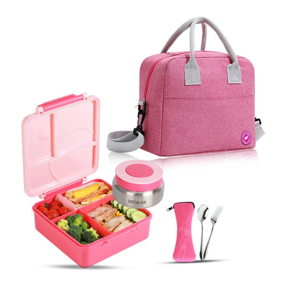 علبة غداء إيزي كيدز الوردية الكبيرة الحجم مع حقيبة غداء وردية اللون، وعلبة طعام، وأدوات مائدة