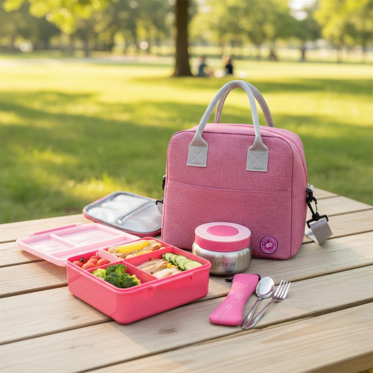 علبة غداء إيزي كيدز الوردية الكبيرة الحجم مع حقيبة غداء وردية اللون، وعلبة طعام، وأدوات مائدة