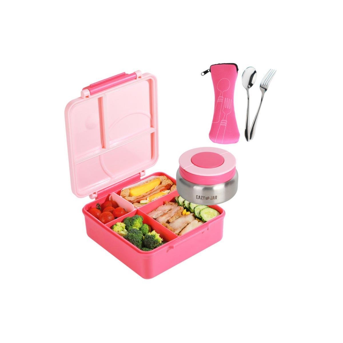 علبة غداء إيزي كيدز الوردية الكبيرة الحجم مع حقيبة غداء وردية اللون، وعلبة طعام، وأدوات مائدة