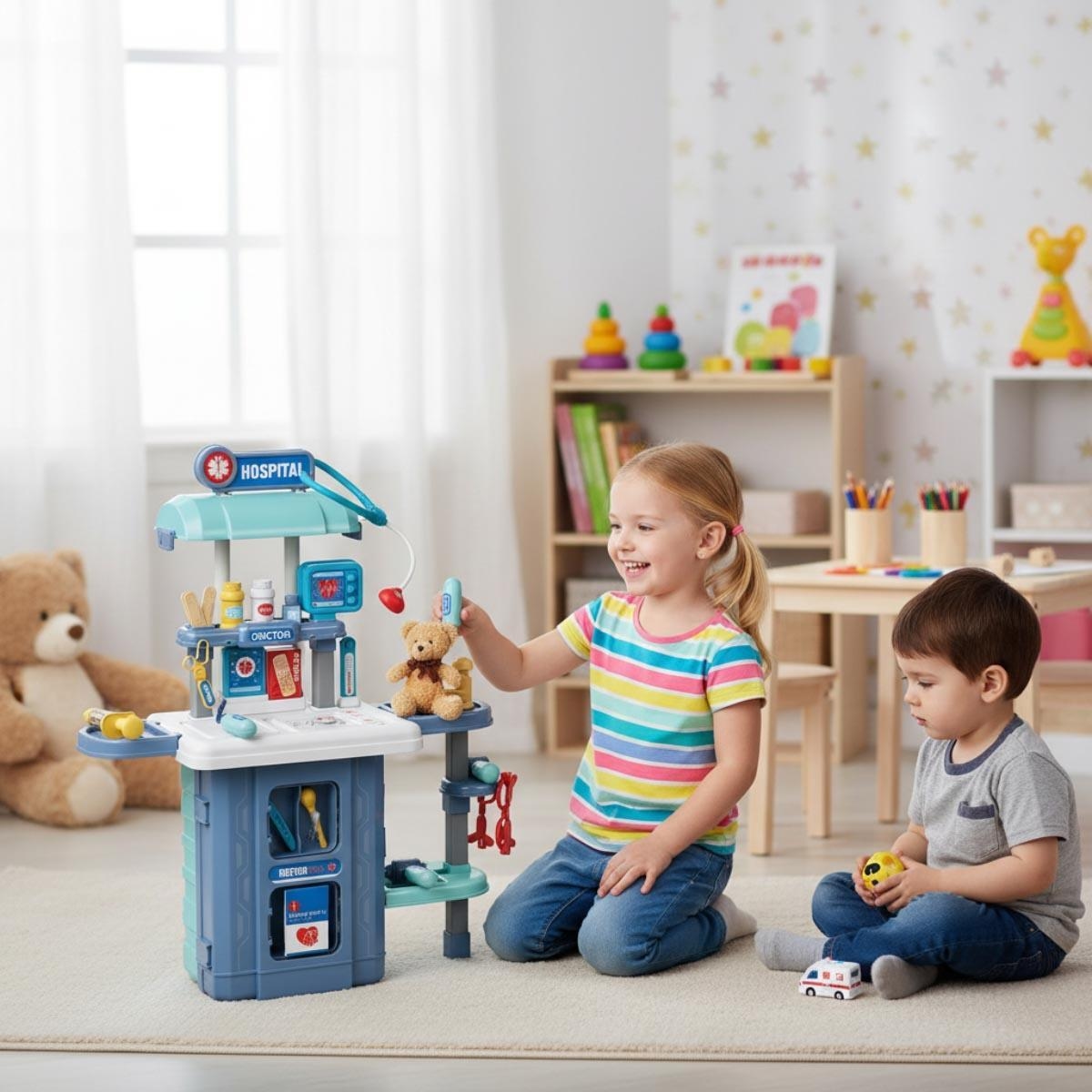 مجموعة ألعاب مستشفى ليتل ستوري المكونة من 38 قطعة، 3 في 1، لعبة تقمص أدوار، مناسبة للجنسين، للأطفال من 3 إلى 4 سنوات