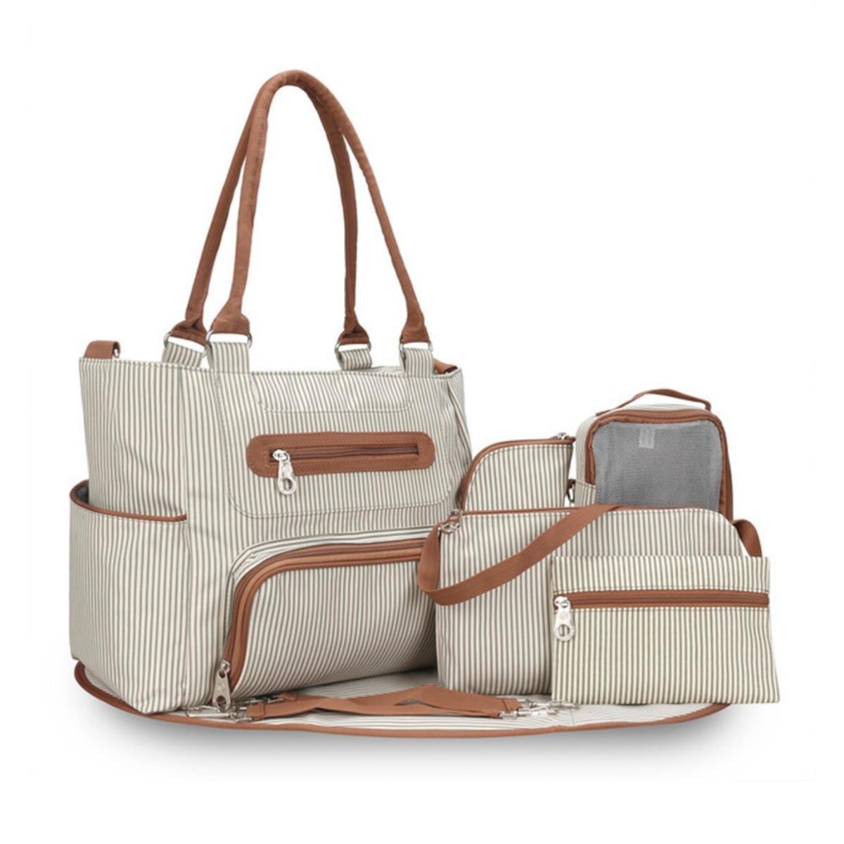 Little Story 6-Piece Ivory Diaper Bag Set with Stroller Hooks