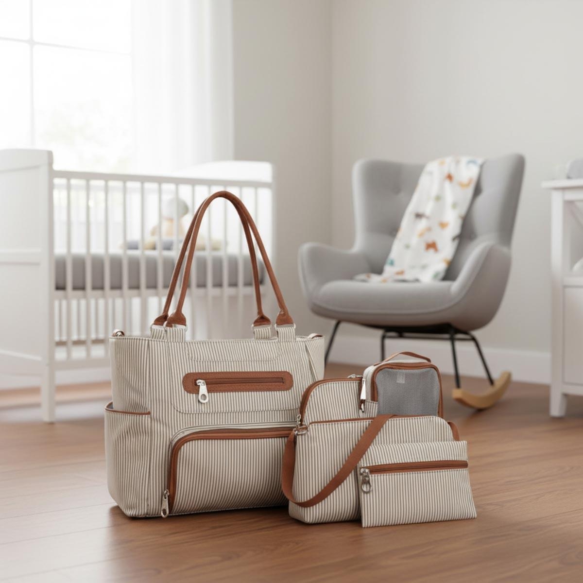Little Story 6-Piece Ivory Diaper Bag Set with Stroller Hooks