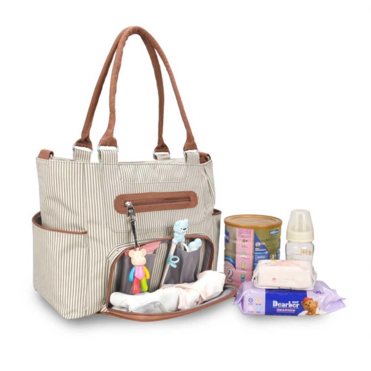 Little Story 6-Piece Ivory Diaper Bag Set with Stroller Hooks