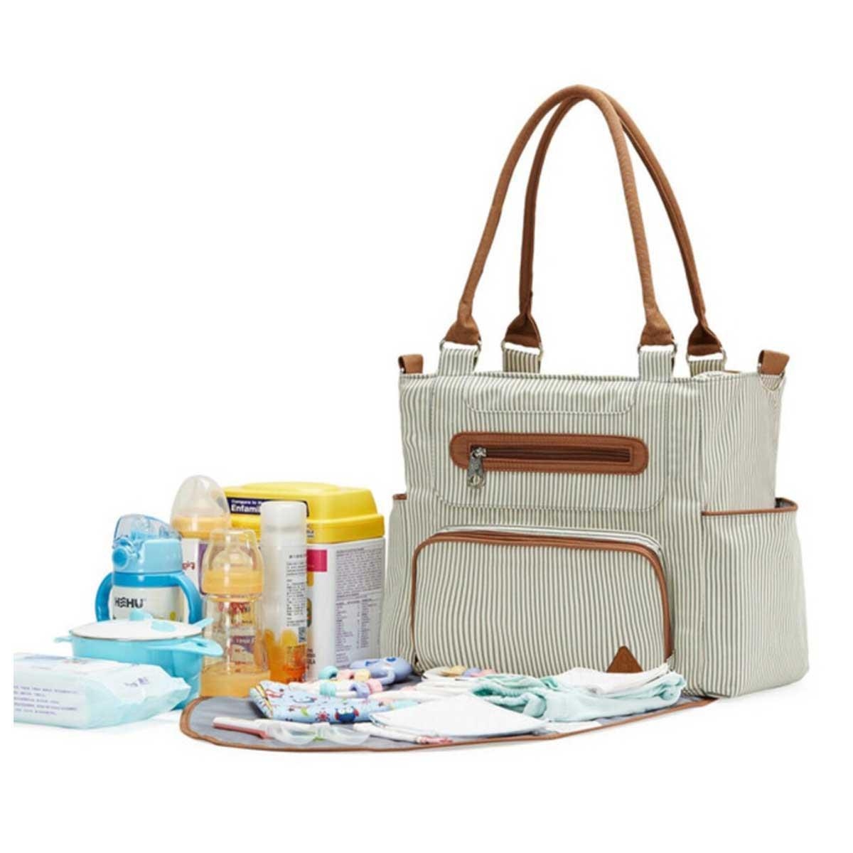 Little Story 6-Piece Ivory Diaper Bag Set with Stroller Hooks