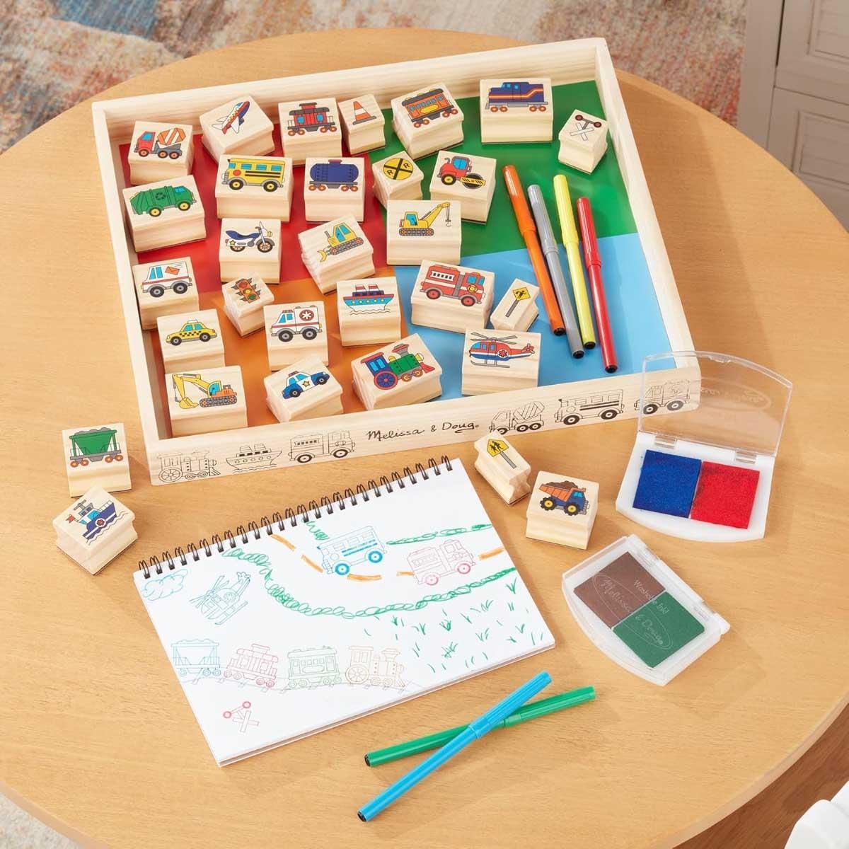 Melissa & Doug Deluxe Vehicles Wooden Stamp & Coloring Set Unisex, 3-4 Years