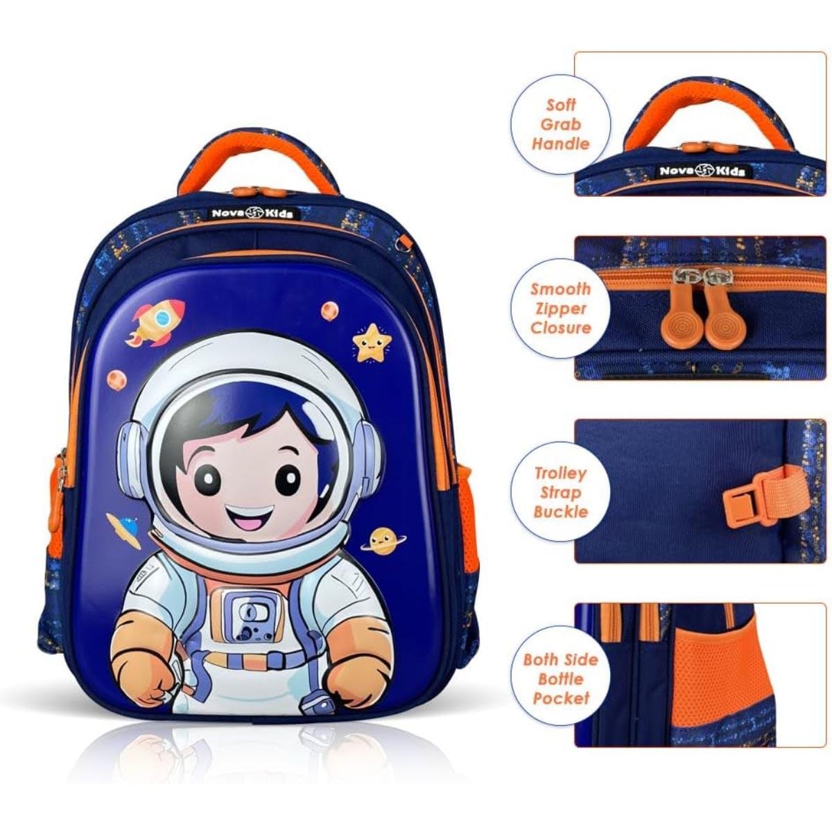 حقيبة مدرسية ثلاثية الأبعاد للأطفال من نوفا كيدز مقاس 16.5 بوصة بتصميم رائد فضاء مع عربة