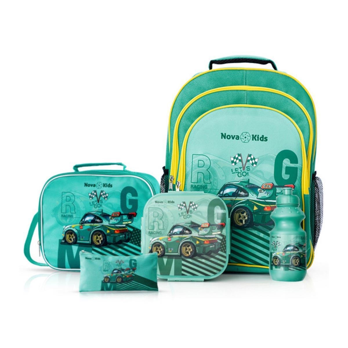 Nova Kids 16" Green Car Racing School Bag with Lunch Bag, Pencil Pouch, Lunch Box & Water Bottle