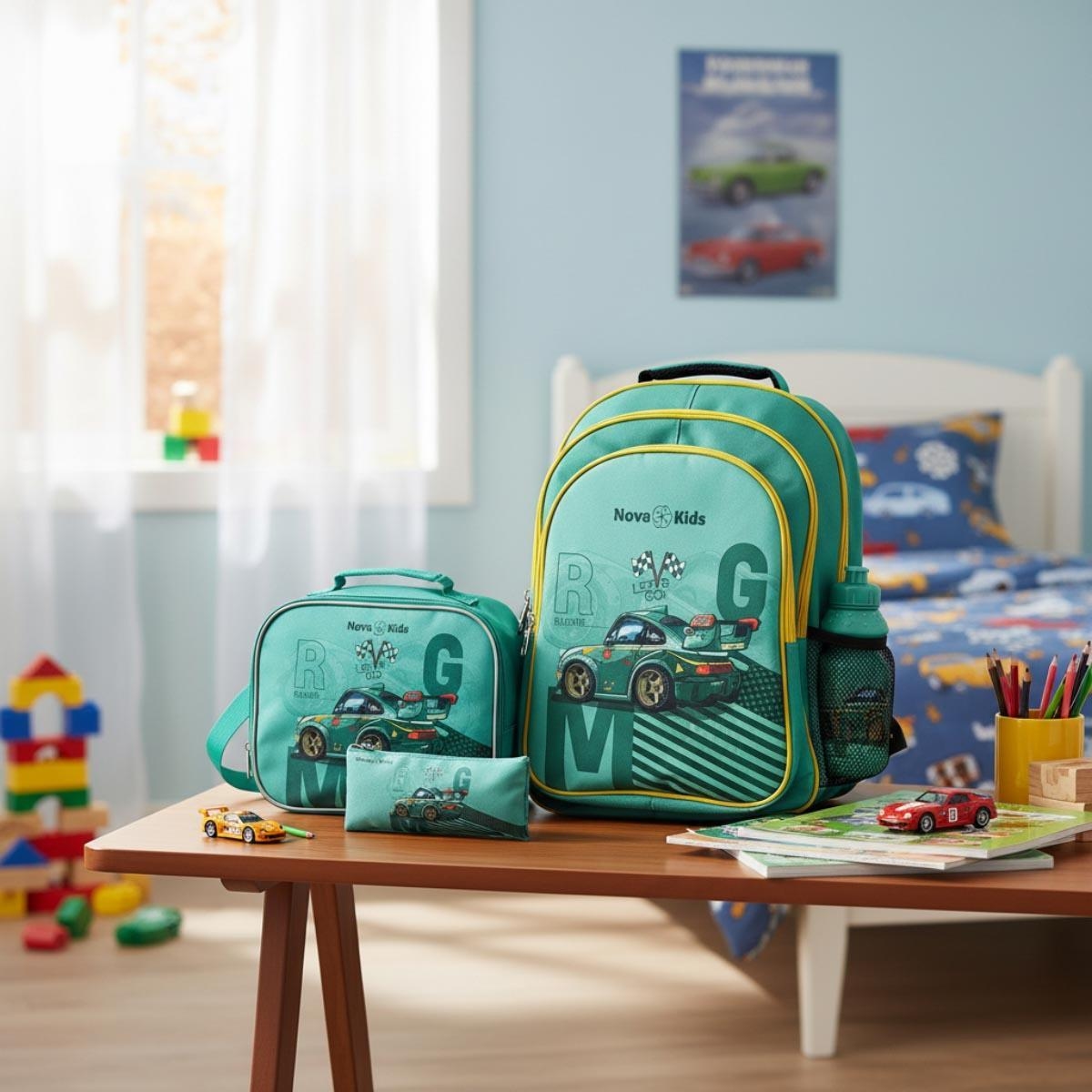 Nova Kids 16" Green Car Racing School Bag with Lunch Bag, Pencil Pouch, Lunch Box & Water Bottle