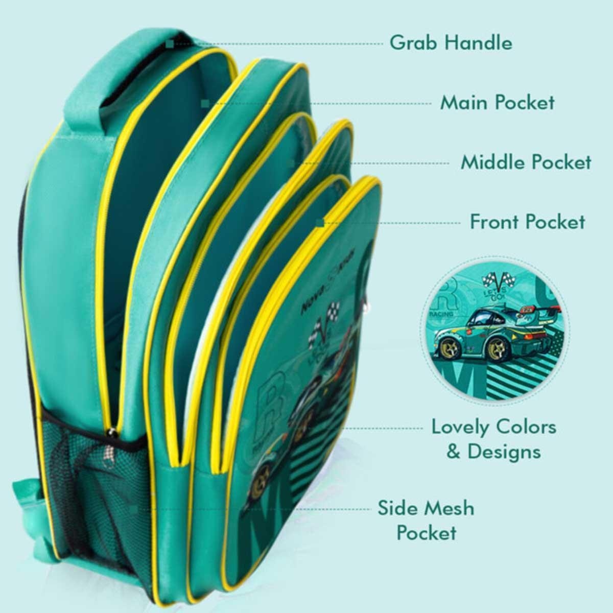 Nova Kids 16" Green Car Racing School Bag with Lunch Bag, Pencil Pouch, Lunch Box & Water Bottle